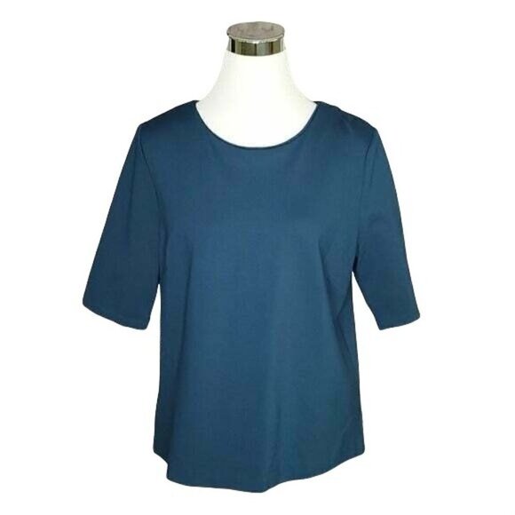 LIZ Claiborne Blue Pullover Jewel Neck Keyhole Back Short Sleeve Top Size Large - Picture 2 of 7